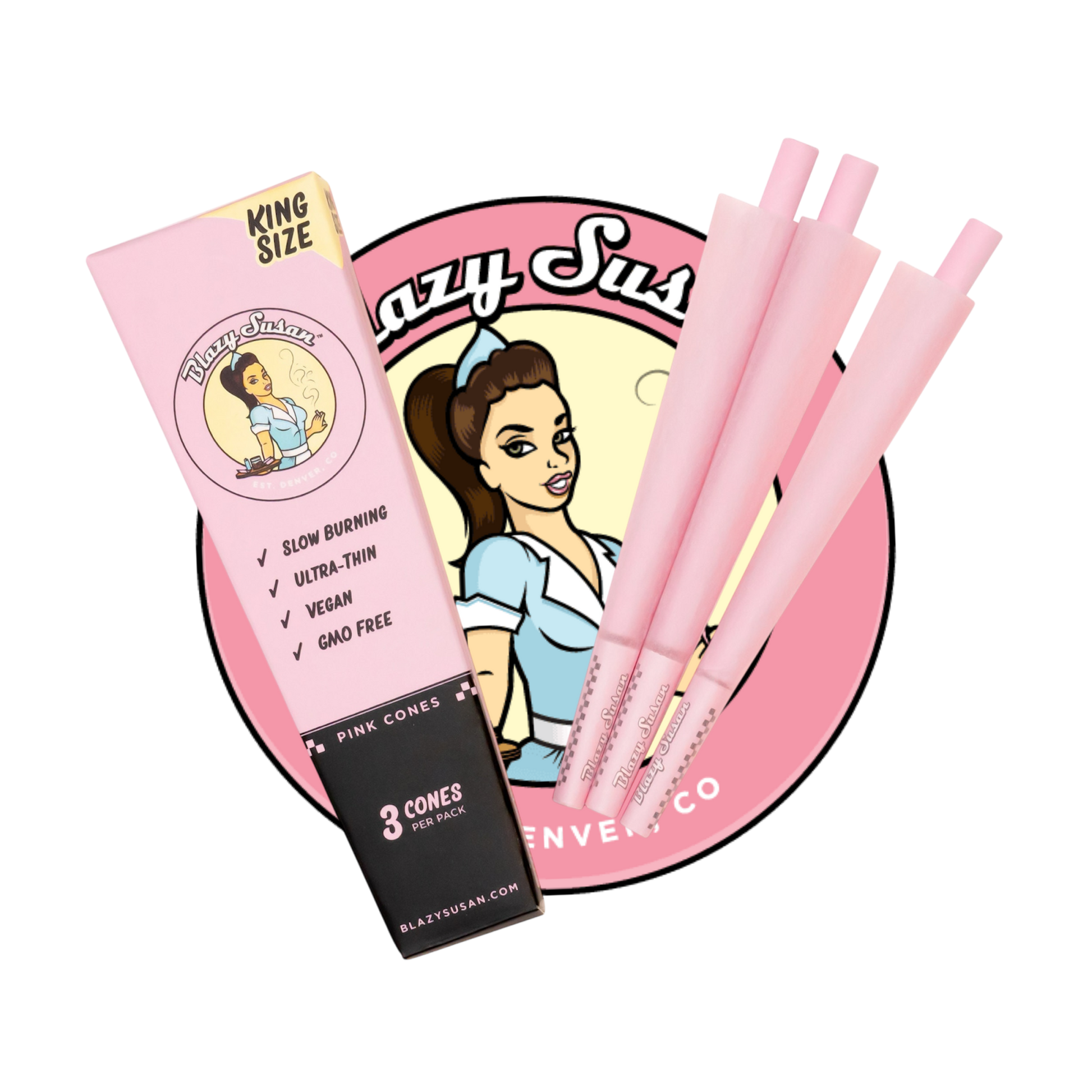 "Blazy Susan pre-rolled pink cones – 3-pack for quick, stylish rolling"
