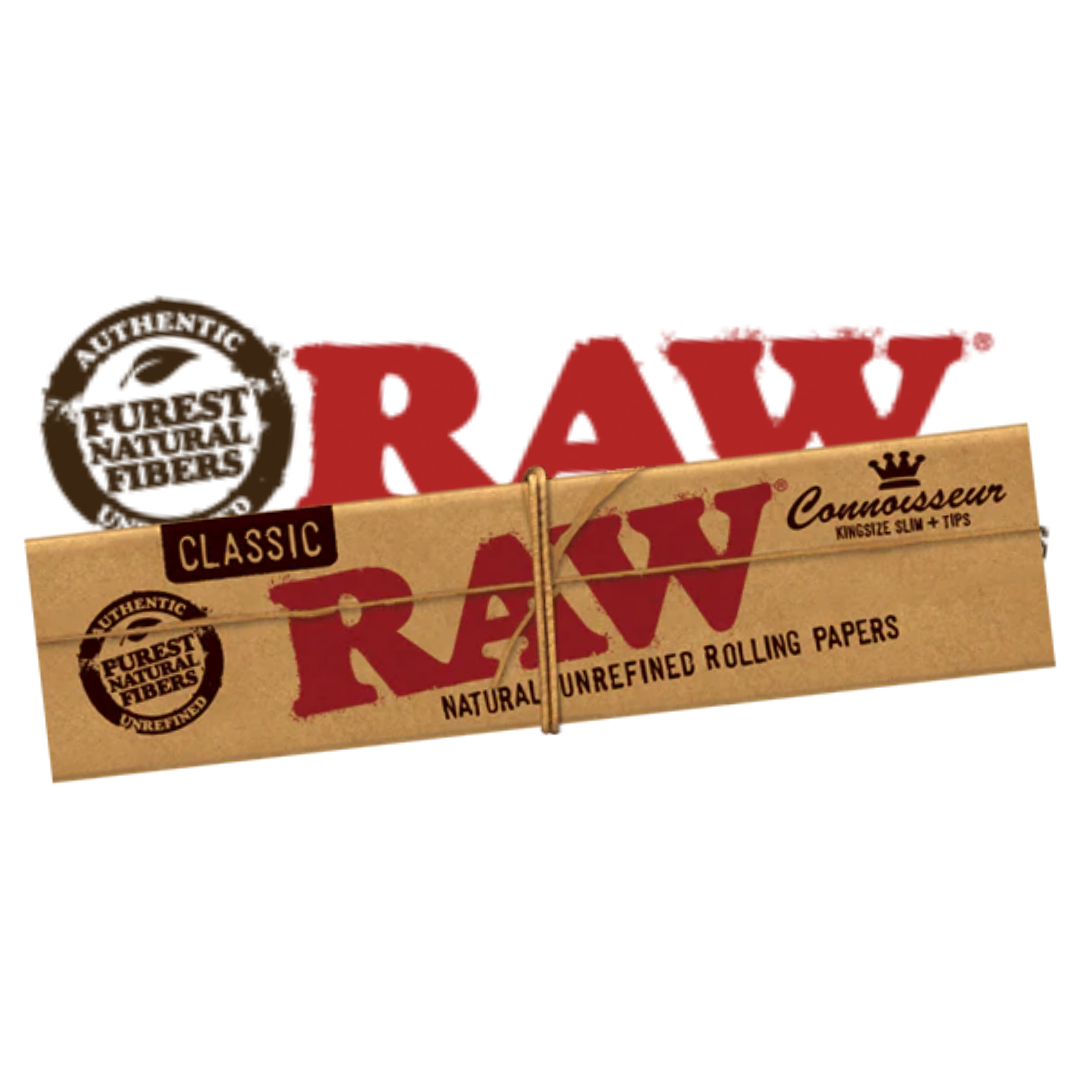 RAW Connoisseur rolling papers – classic unbleached papers with included tips for a complete rolling solution