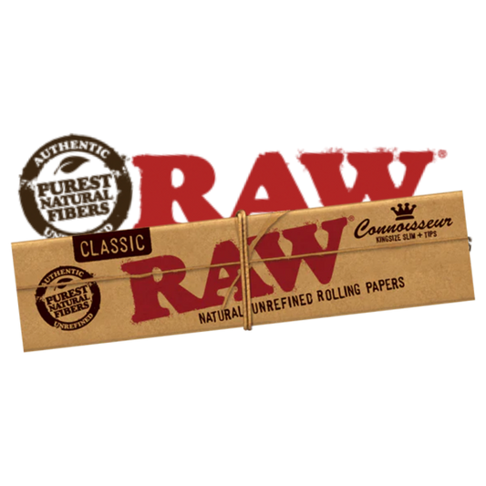 RAW Connoisseur rolling papers – classic unbleached papers with included tips for a complete rolling solution